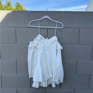 LoveShackFancy White Off Shoulder Ruffle Mini Dress